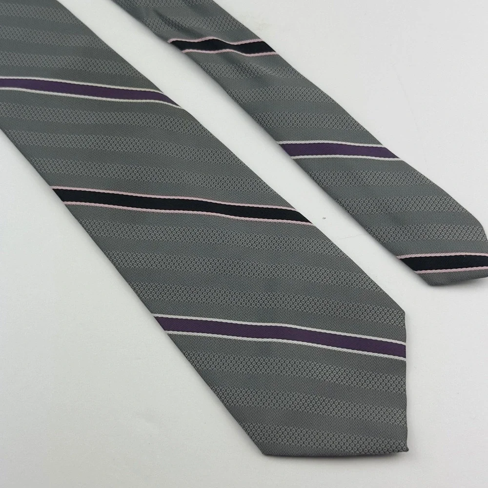 Vtg Pierre Jacques Mens Striped Silk Blend Tie Grey Purple Black Pink Made‎ USA